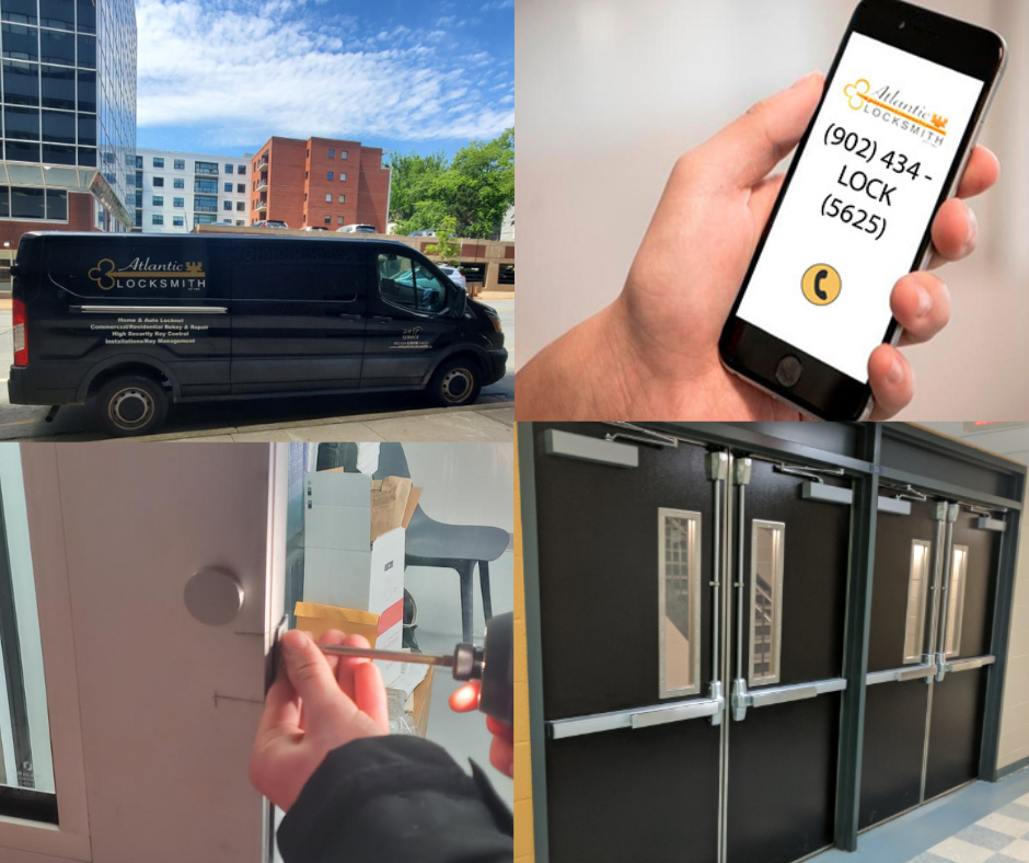 Secure commercial building entrance in Halifax showing professional locksmith security installations and panic bar hardware